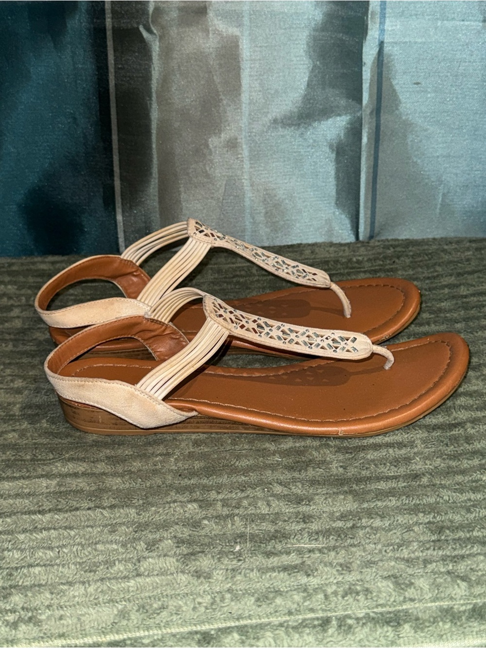 attention Beige and Brown T-Strap Sandals